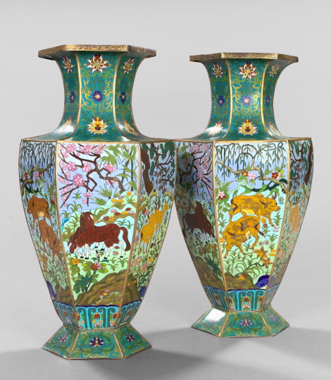 Appraisal: Monumental Pair of Kuang-Hsu Cloisonne Paneled Vases fourth quarter th