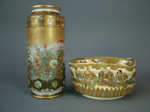 Appraisal: Japanese Satsuma vase of cylindrical form extensively enamelled in colours