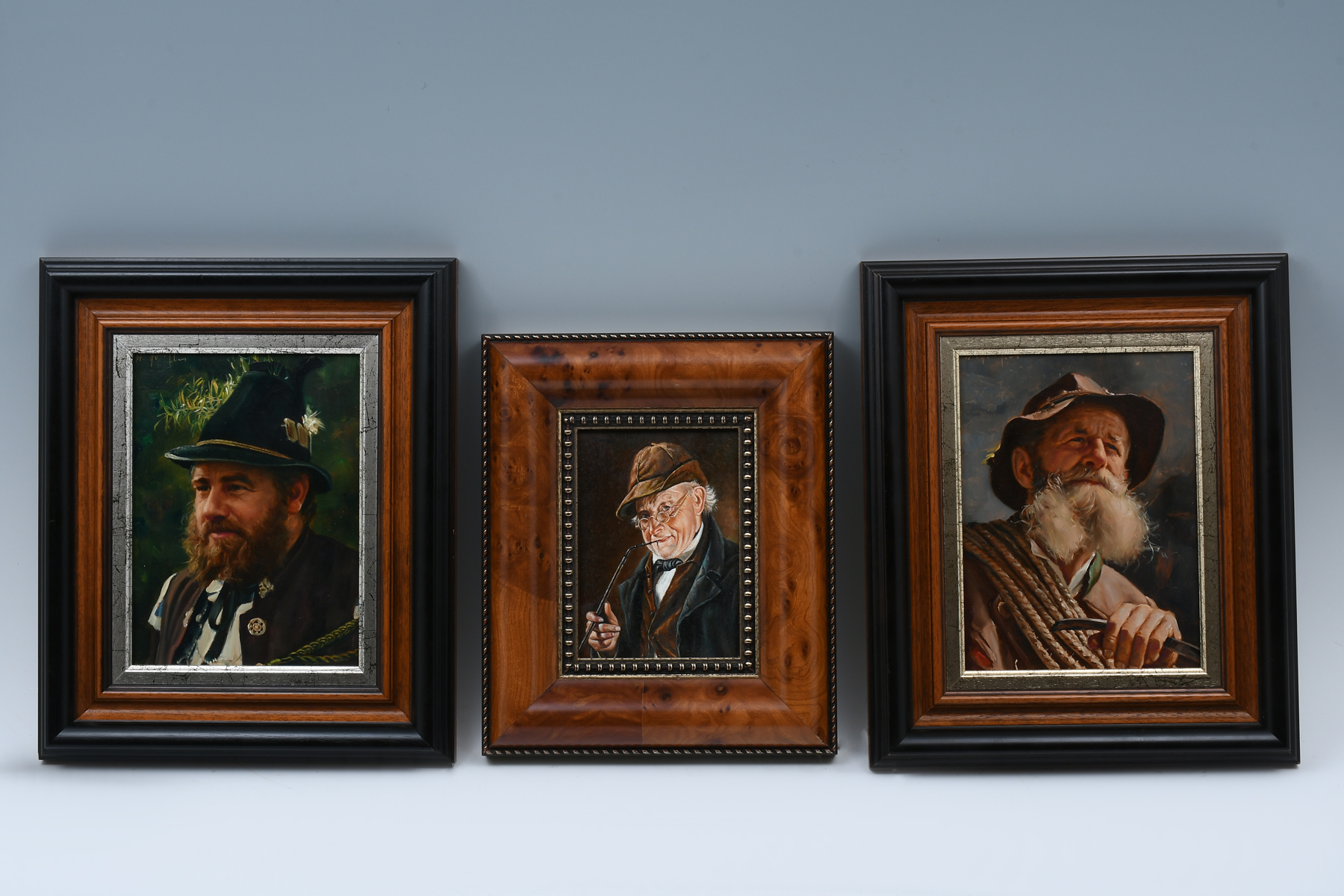 Appraisal: THREE REALISTIC BAVARIAN PORTRAIT PAINTINGS Signed Krohnert depicting a Sherlock