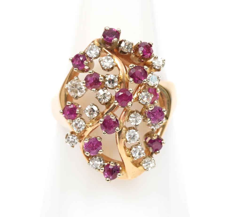 Appraisal: K yellow gold diamond ruby free form cluster ring features