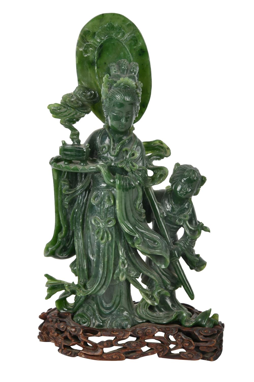 Appraisal: CHINESE CARVED STONE FIGURAL GROUPon a wood base Provenance The