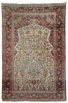 Appraisal: Silk Kashan rug large mihrab on ivory field detailed vase