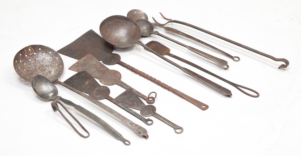 Appraisal: GROUP OF FORGED IRON UTENSILS Nineteenth and th centuries Skimmer