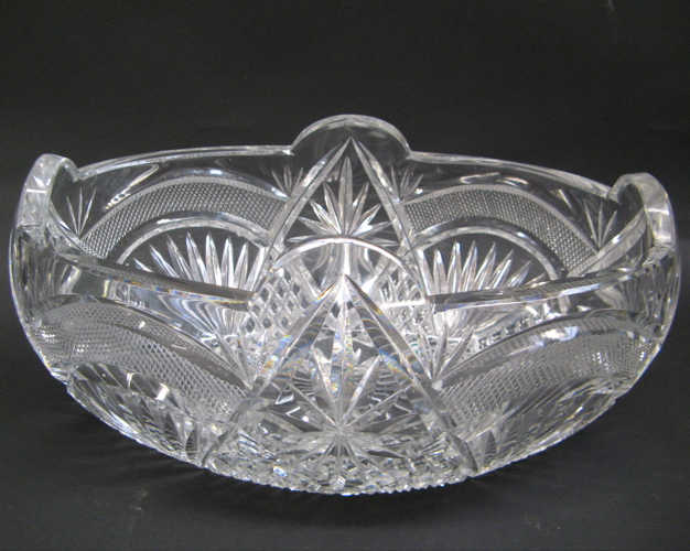 Appraisal: HEAVY CLEAR CUT CRYSTAL OBLONG BOWL diamond star and fan