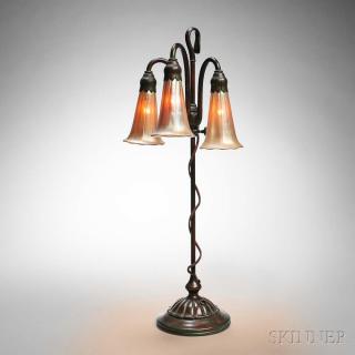 Appraisal: Tiffany Studios Three-light Lily Lamp Bronze art glass New York