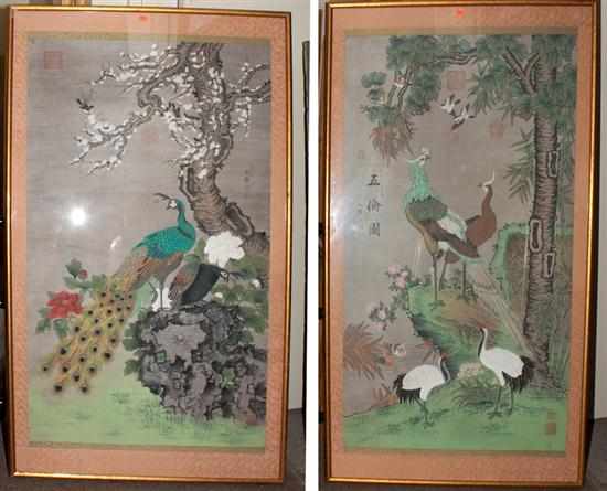 Appraisal: Pair of Japanese scrolls depicting birds framed Estimate - All