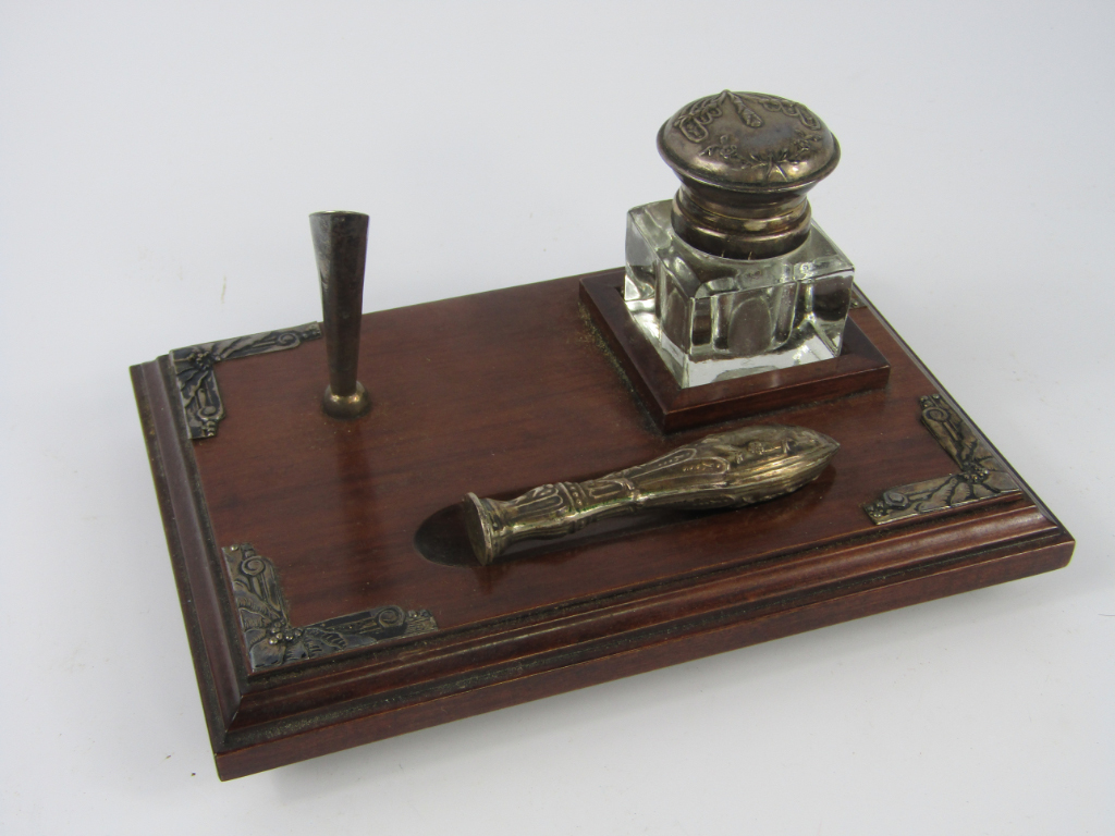 Appraisal: A Continental early thC mahogany and white metal desk stand