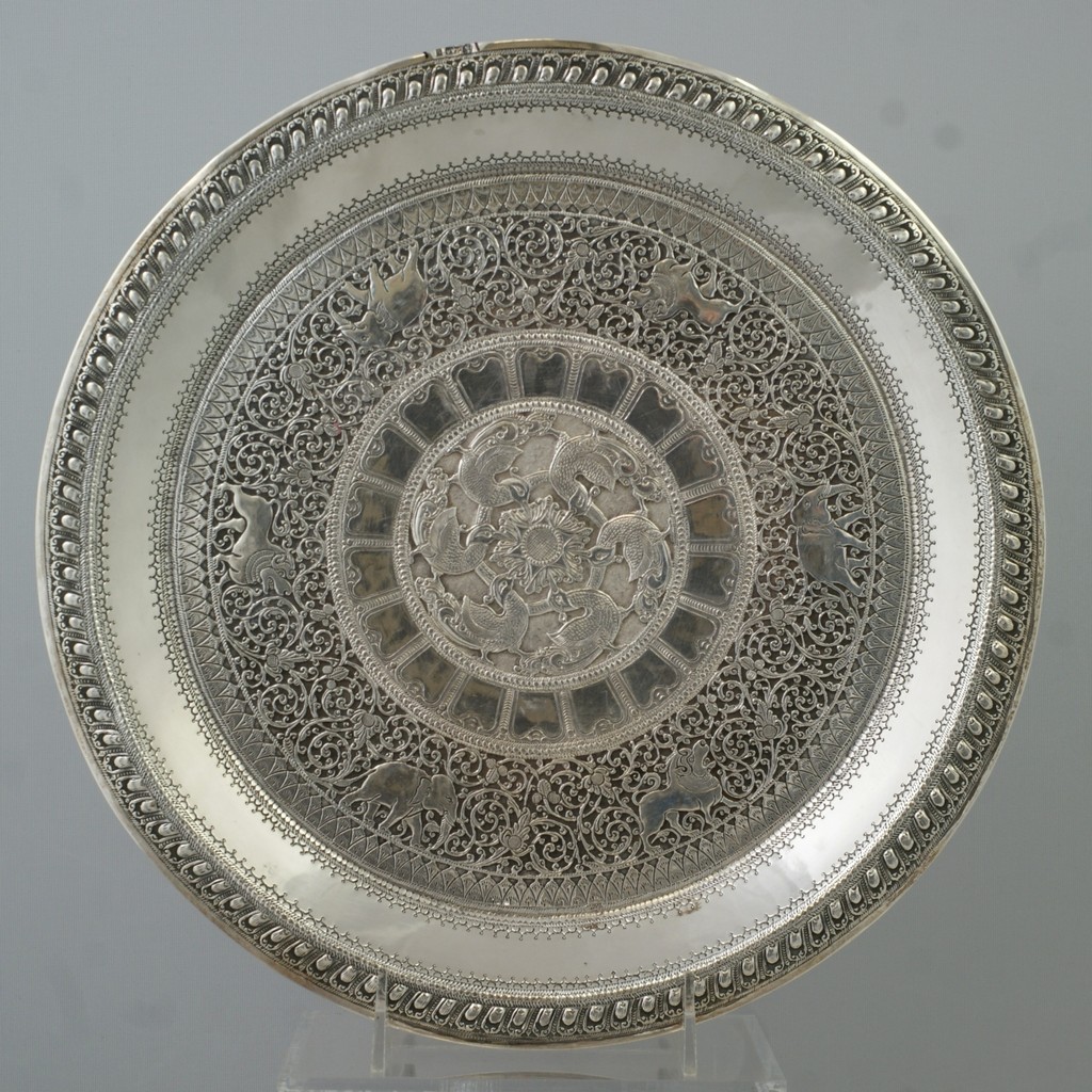 Appraisal: Indian Silver circular tray with mythical bird center elephants and