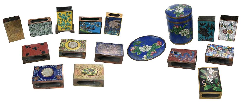 Appraisal: Collection Enameled Matchboxes Jar and Dish Chinese th century brass