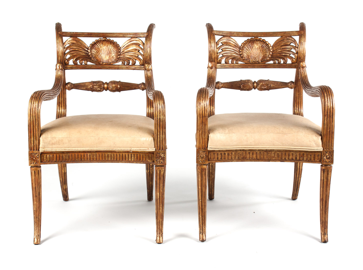 Appraisal: Pair of Regency style giltwood armchairs reeded arms stiles and