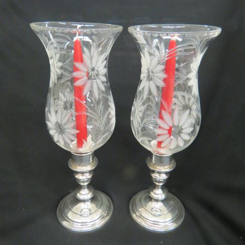 Appraisal: Pair of Sterling Silver Hurricane Lamps etched frosted floral crystal