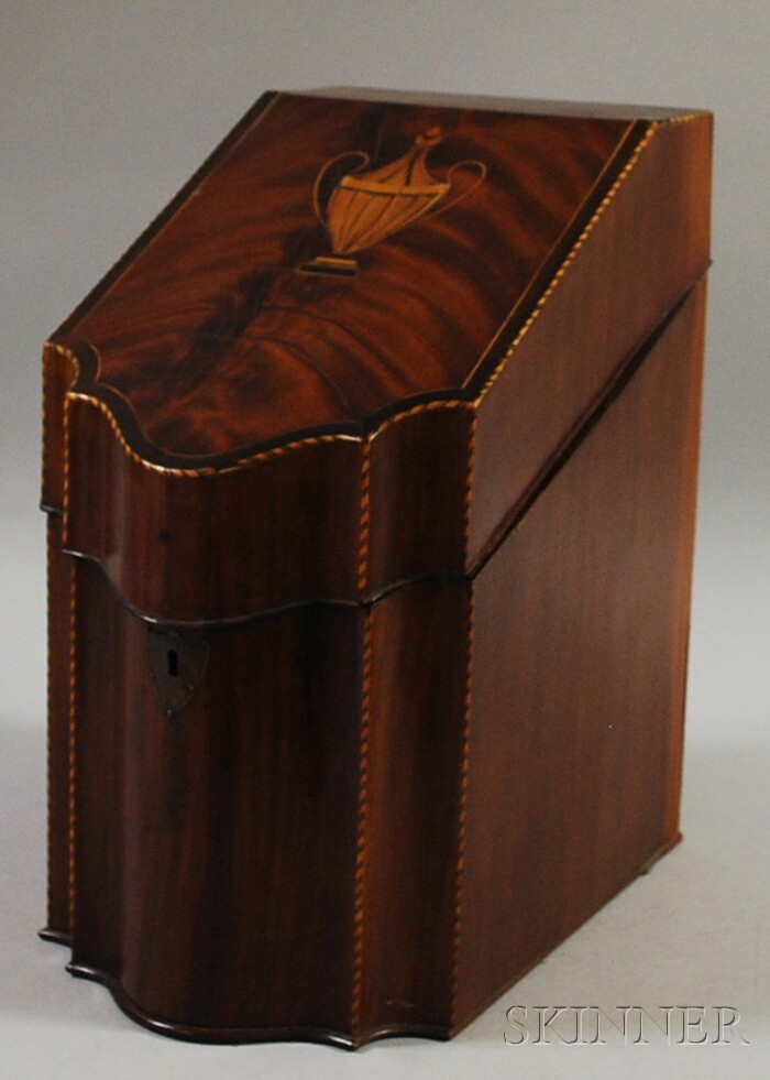 Appraisal: Georgian Inlaid Mahogany Slant-lid Knife Box serpentine front slotted interior