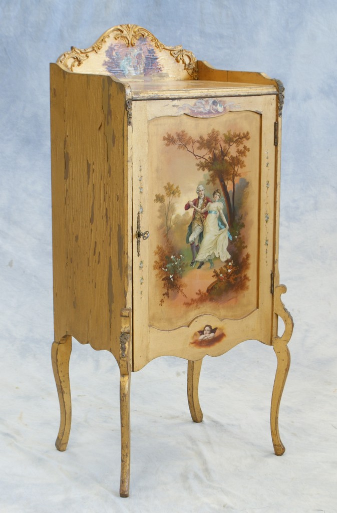 Appraisal: French style gilt and paint decorated music cabinet some splits