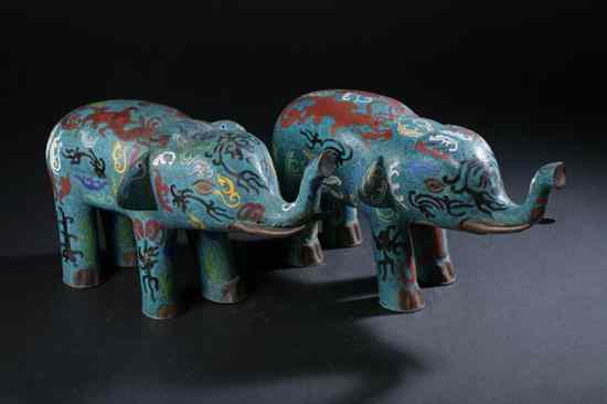 Appraisal: PAIR CHINESE CLOISONN ENAMEL FIGURES OF ELEPHANTS th century Stylized