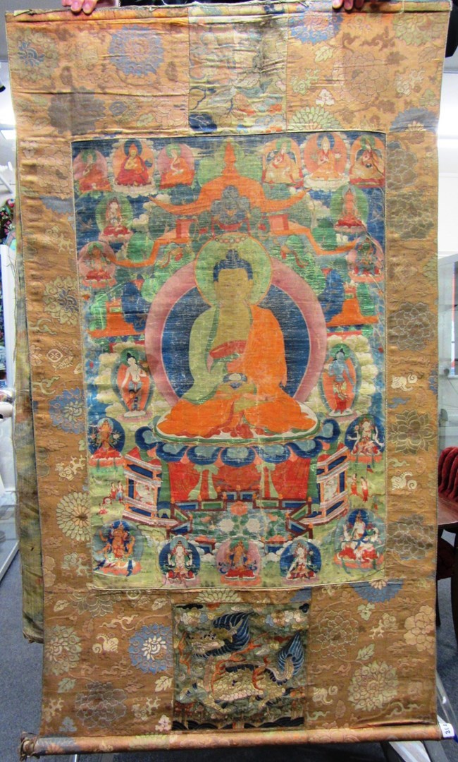 Appraisal: A Thangka painting of Buddha seated with hands in dhyana