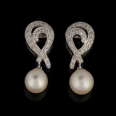 Appraisal: A Pair of k Gold Pearl and Diamond Earrings white