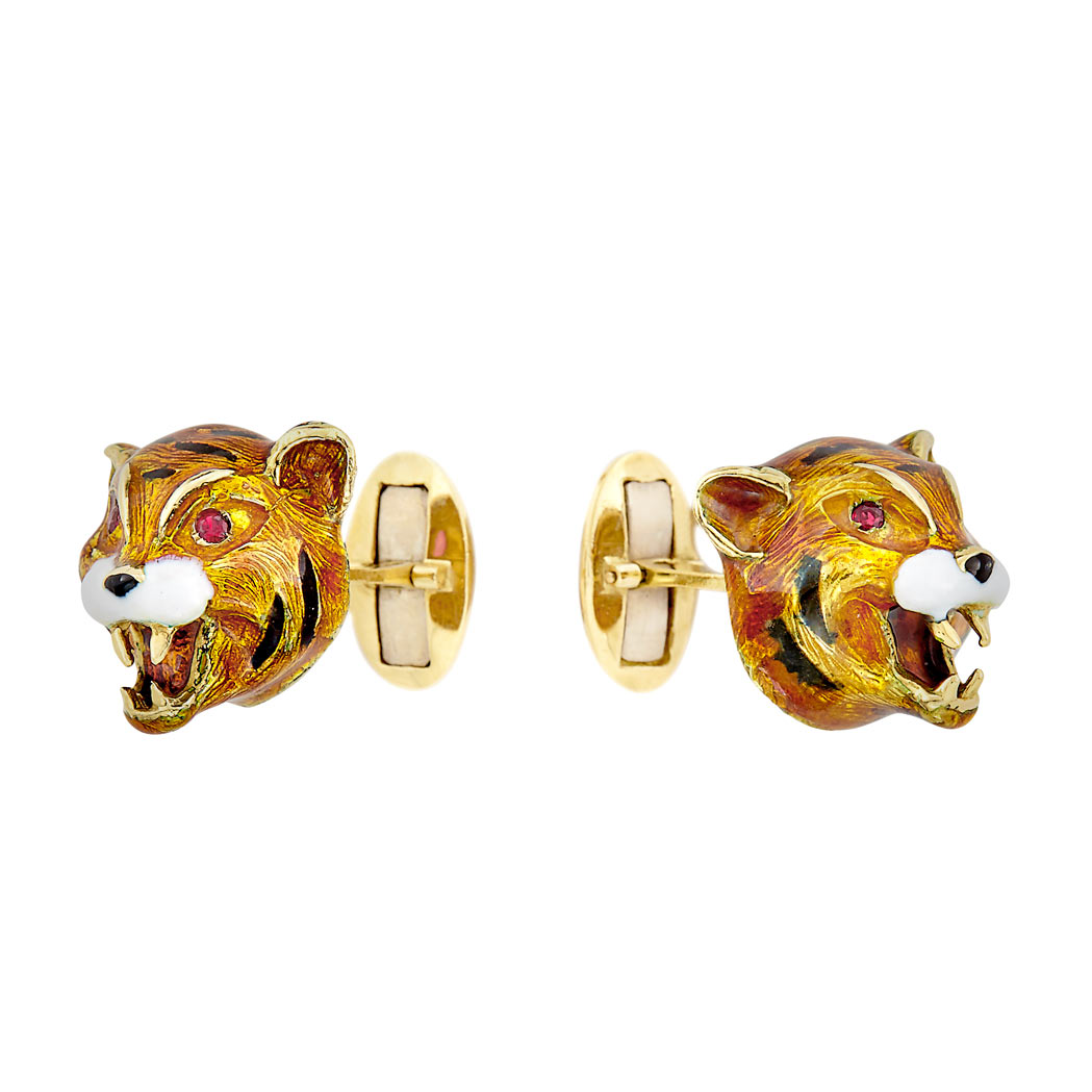 Appraisal: Pair of Gold Enamel and Ruby Tiger Head Cufflinks kt