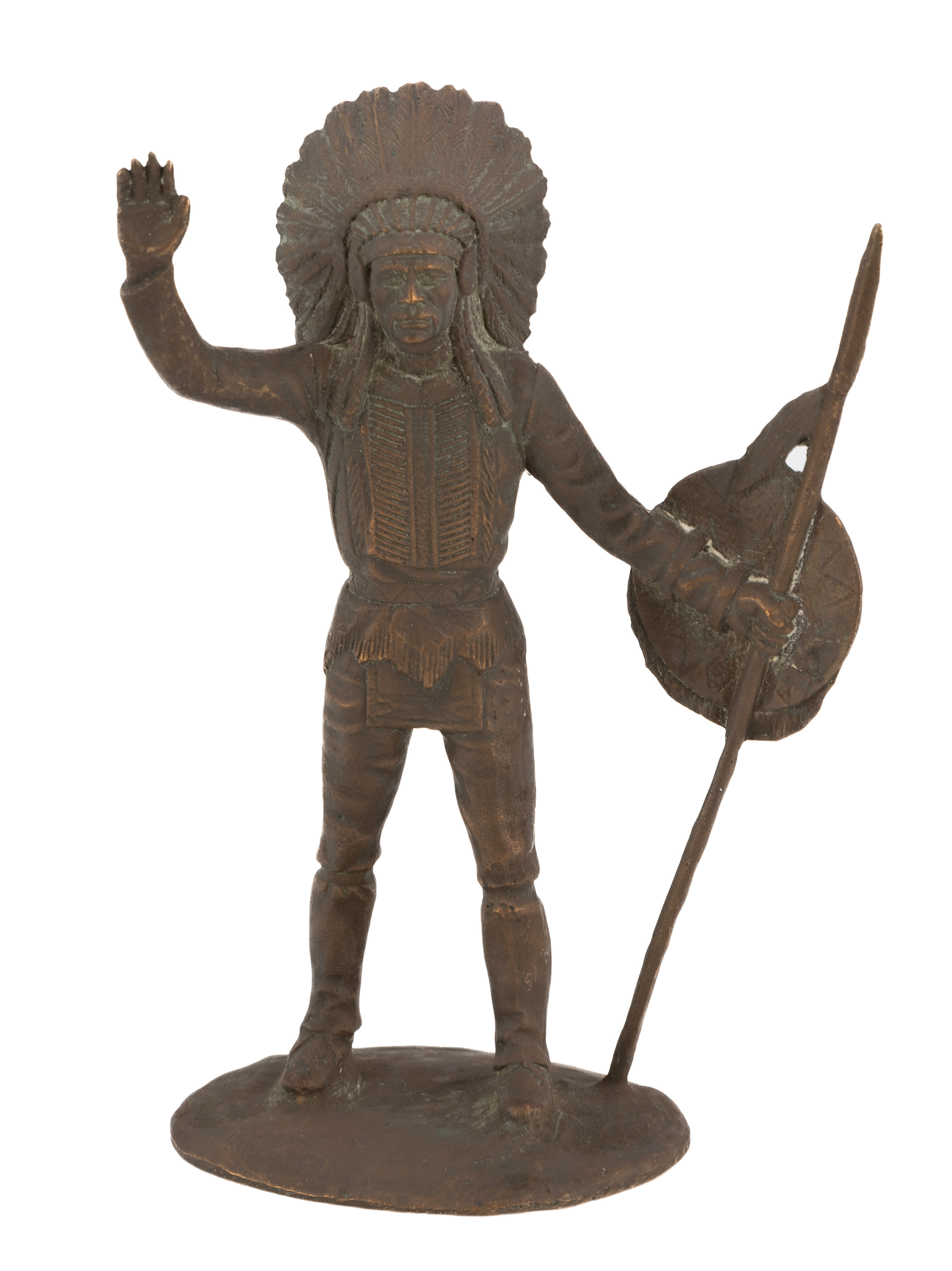 Appraisal: BRONZE INDIAN CHIEF Indian chief with feathered headdress spear and