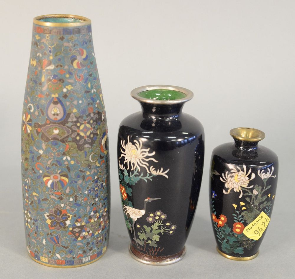 Appraisal: Three Cloisonne Vases to include one having crane and wildflowers