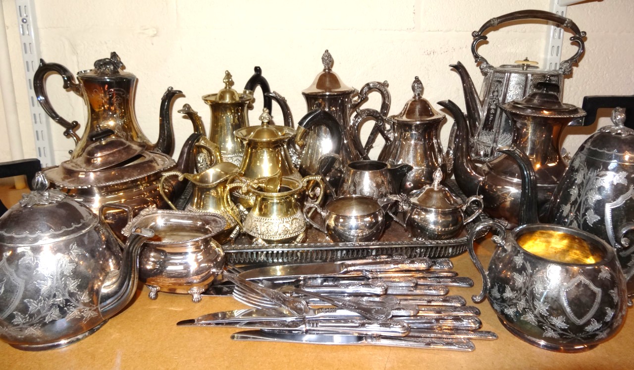 Appraisal: Various silver plate to include an Edwardian bright cut kettle