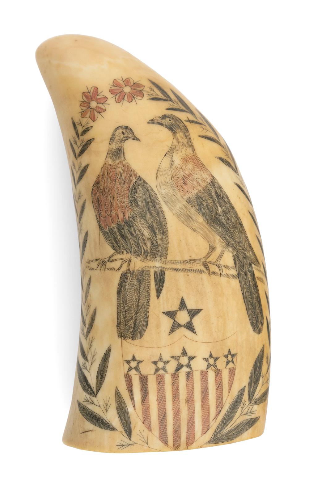 Appraisal: POLYCHROME SCRIMSHAW WHALE'S TOOTH ATTRIBUTED TO THE STAR ENGRAVER MID-