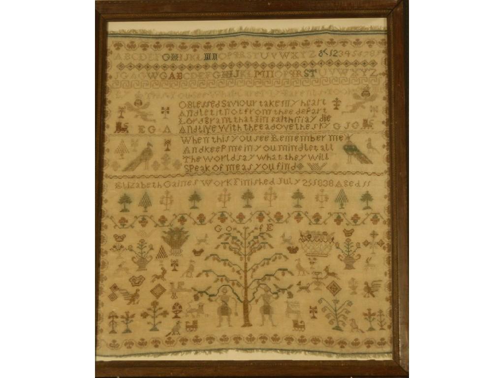 Appraisal: A thC sampler by Elizabeth Gaines dated worked in coloured