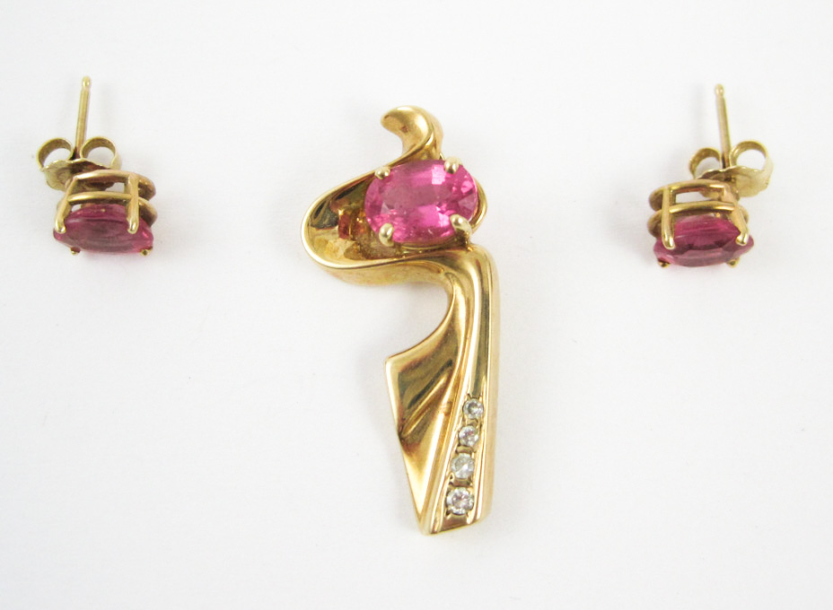 Appraisal: THREE ARTICLES OF PINK TOURMALINE JEWELRY including a k yellow