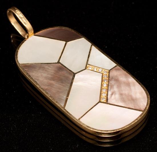 Appraisal: Italian K yellow gold diamond and mother-of-pearl oval pendant