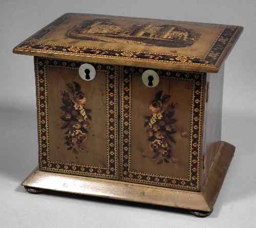 Appraisal: A th Century Tunbridge ware table cabinet the top panel