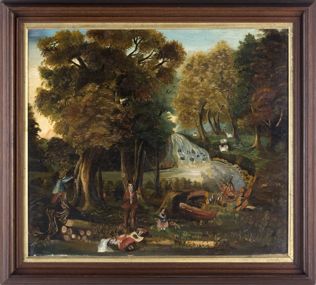 Appraisal: PRIMITIVE PAINTING OF A FOREST SCENE WITH FIGURES AND CAMPFIRE