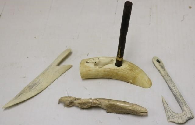 Appraisal: PIECES OF SCRIMSHAW TO INCLUDE A PETRIFIEDWHALEBONE CARVING OF EXTINCT