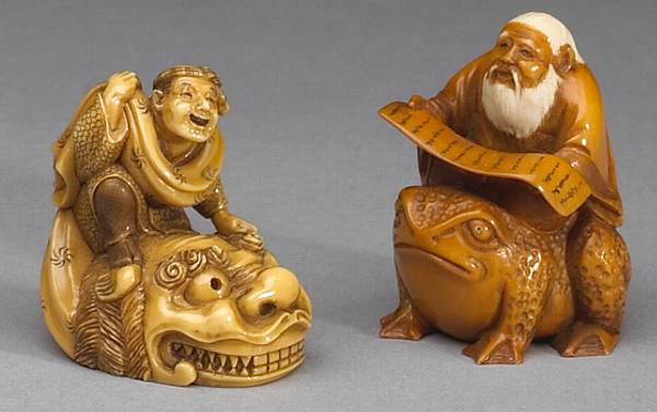 Appraisal: Two contemporary tinted ivory figural studies The first carved as