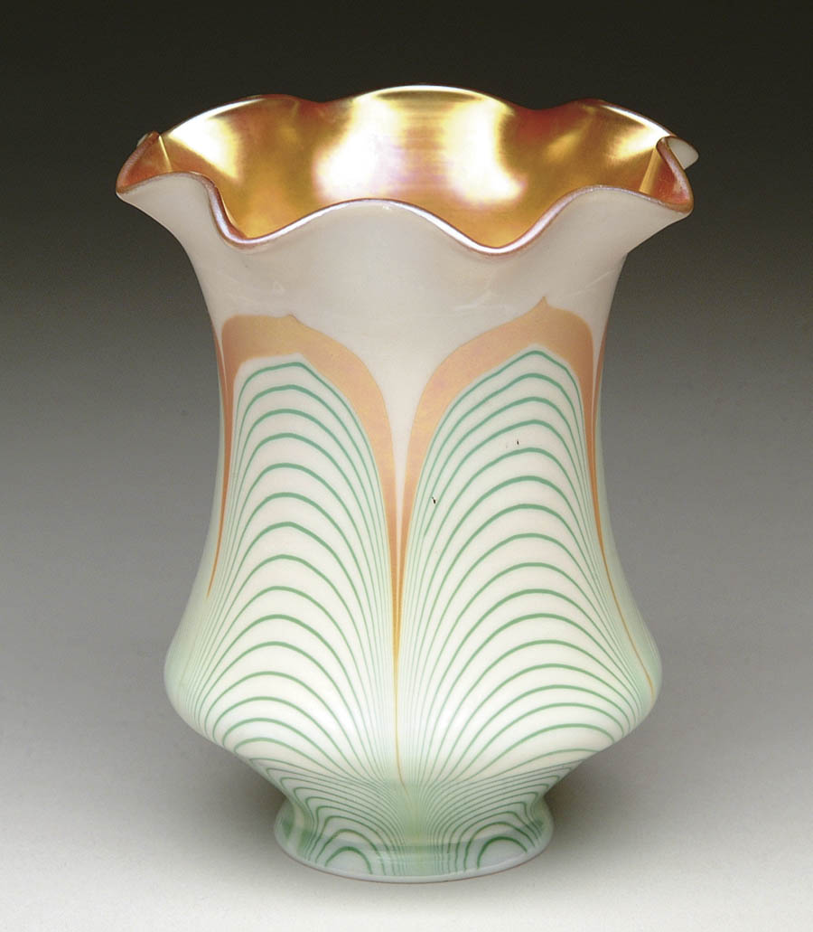 Appraisal: AMERICAN ART GLASS SHADE Green pulled-feather decoration on an ivory