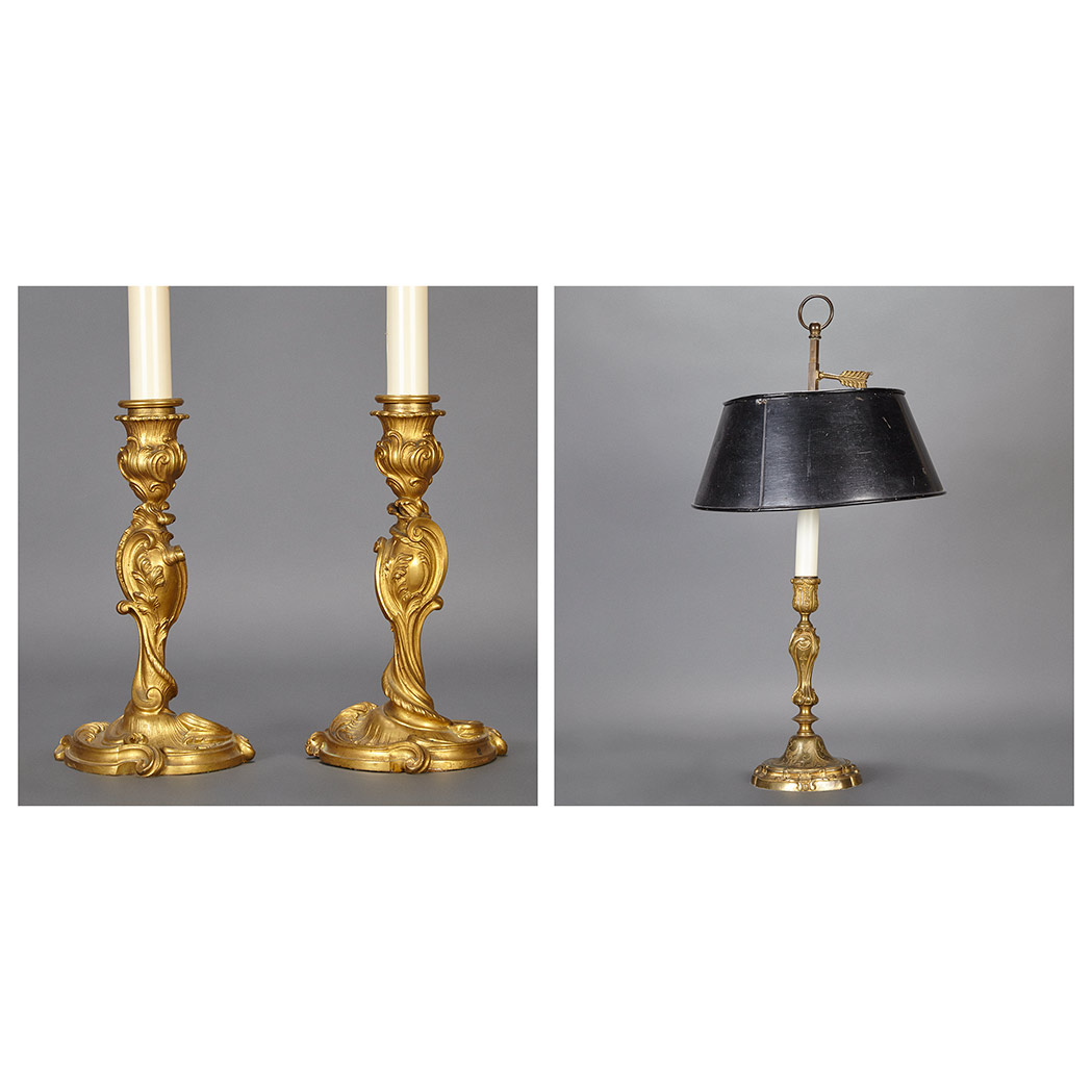 Appraisal: Pair of Louis XV Style Gilt-Bronze Candlesticks Barbedienne last quarter