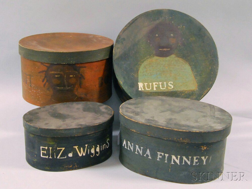 Appraisal: Four Painted Pantry Boxes two depicting black figures one inscribed