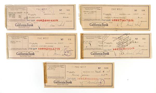 Appraisal: A Mae West group of signed checks - Five total