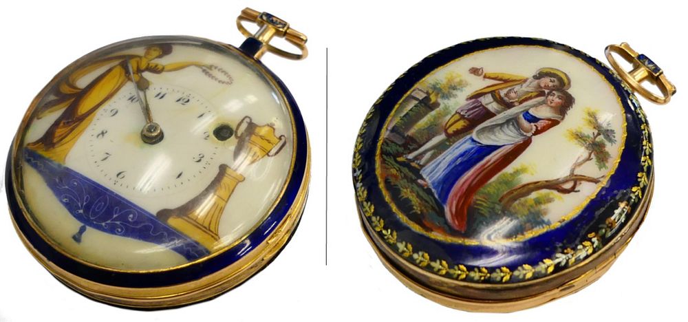 Appraisal: RARE ANTIQUE HUGUENIN HAND PAINTED WATCH Cover is hand painted