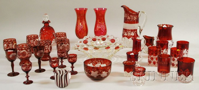 Appraisal: Thirty-one Pieces of Mostly Bohemian Etched Ruby Flash Glassware including