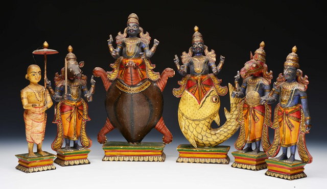 Appraisal: A COLLECTION OF SIX INDIAN KASHMIRI PAINTED FIGURES including Krishna