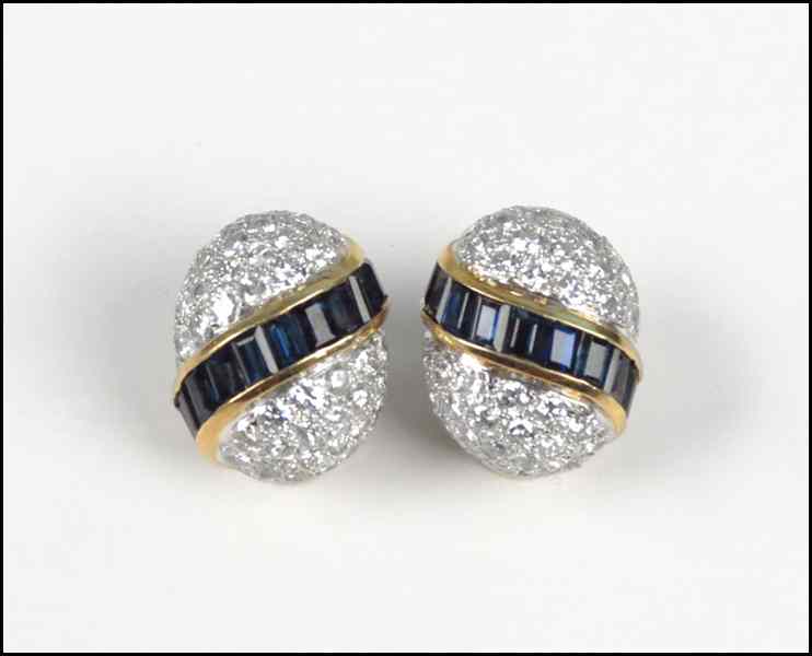 Appraisal: PAIR OF DIAMOND SAPPHIRE AND KARAT YELLOW GOLD EARCLIPS pave