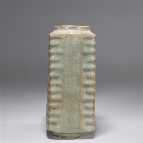 Appraisal: Chinese celadon crackle glazed square form vase with circular wide