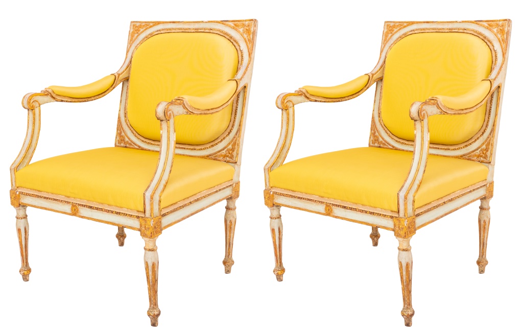 Appraisal: VENETIAN NEOCLASSICAL ARM CHAIRS CA PAIR Venetian Neoclassical parcel-gilt and