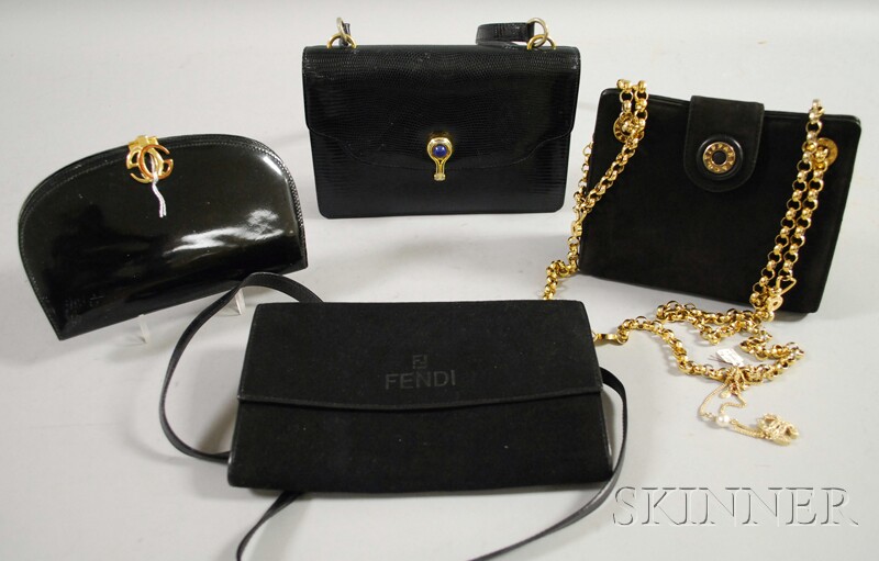 Appraisal: Four Small Black Evening Bags a Gucci purse with gold-tone