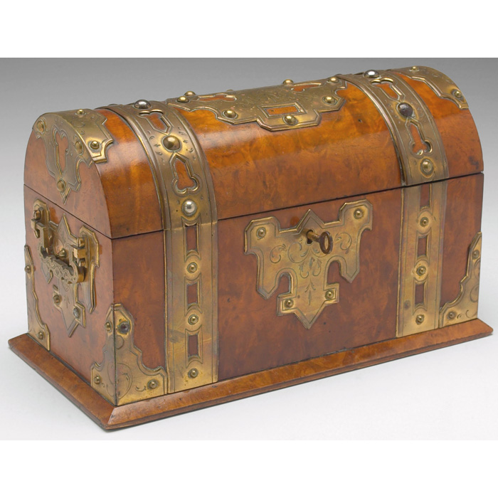 Appraisal: Casket box dome shape in walnut with applied brass hinge