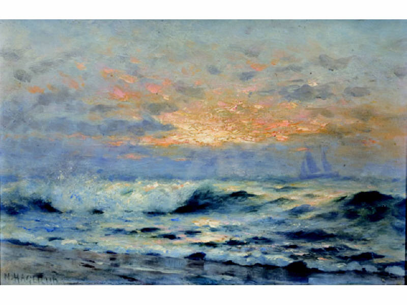 Appraisal: NELS HAGERUP AMERICAN - Impressionistic sunset coastal scene with distant