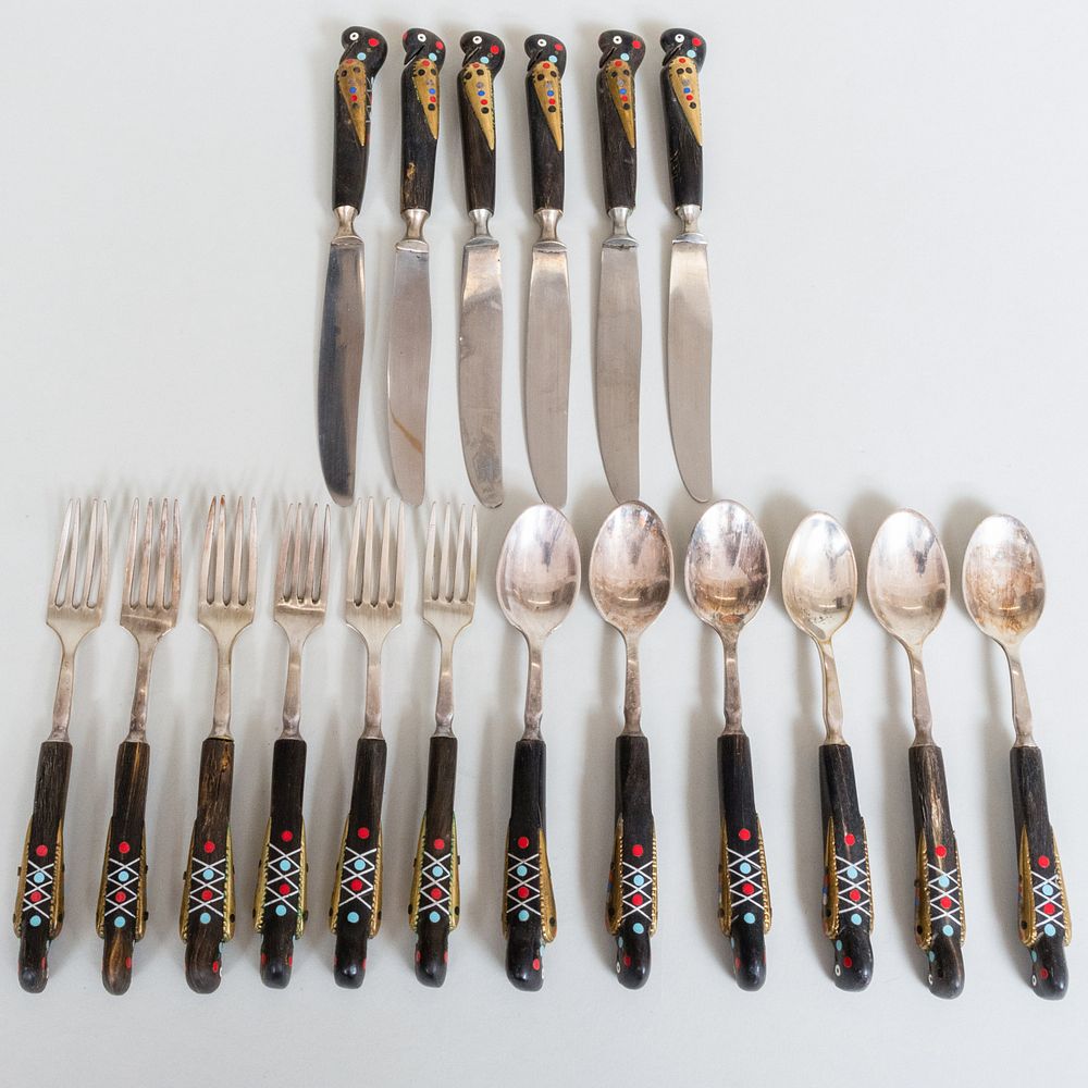 Appraisal: Set of Silver Plate and Inlaid Wood 'Bird' Flatware Unmarked