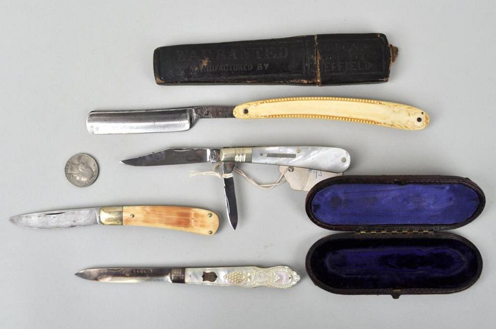 Appraisal: Group of Pocket Knives Straight Razor comprising English sterling with