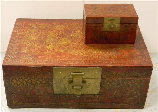 Appraisal: Two Chinese red pig skin boxes decorated with gold enamel