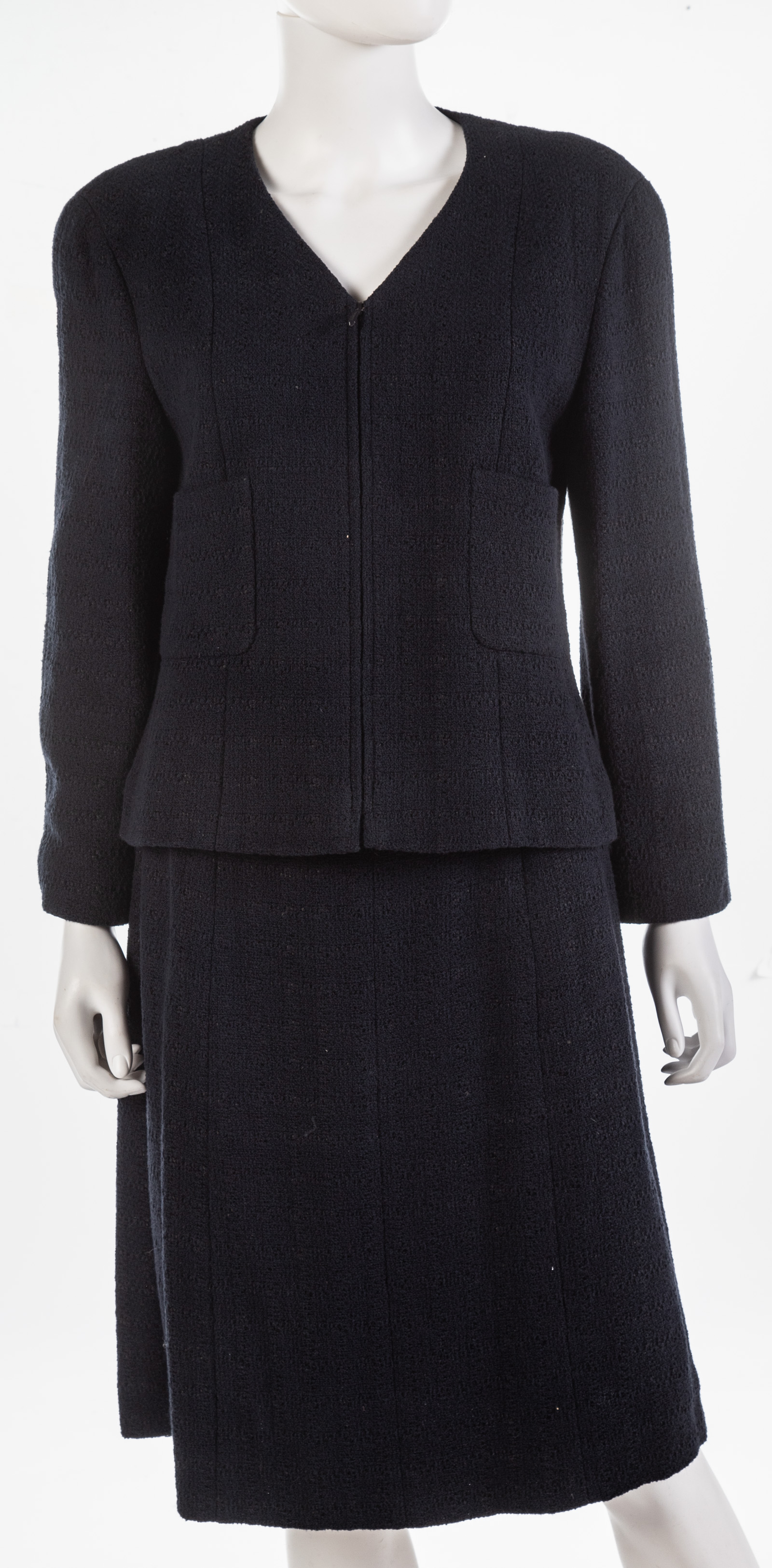 Appraisal: CHANEL NAVY TWO PIECE SUIT SPRING Zip jacket two pockets