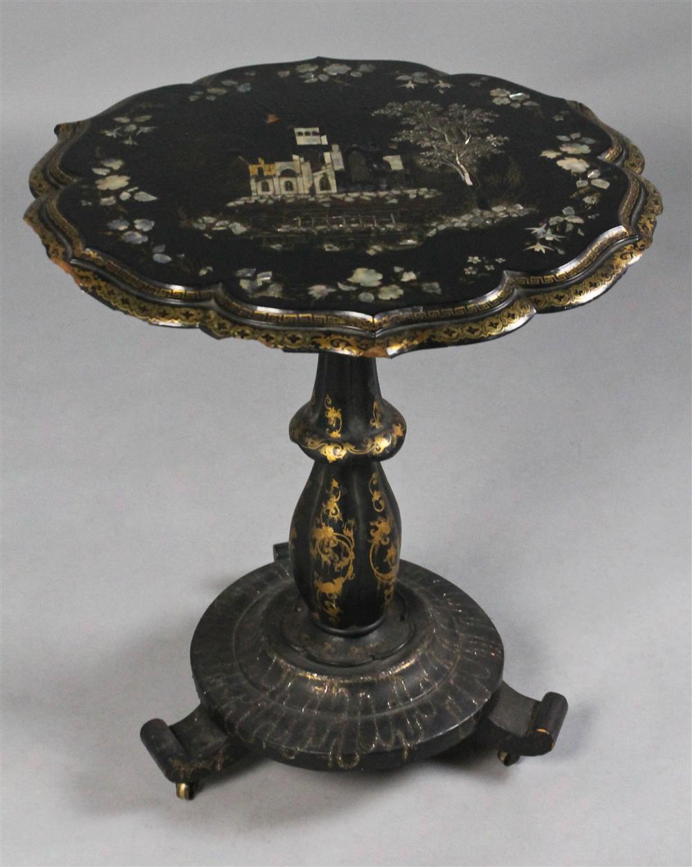 Appraisal: VICTORIAN LACQUERED AND MOTHER OF PEARL INLAID TEA TABLE the